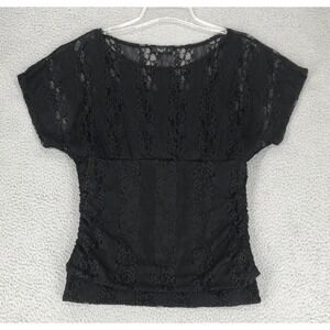 Love J Lace Top Size L Short Sleeve Gathered Sides Lined Black